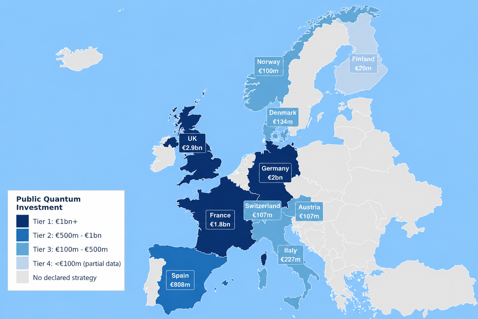 Map of public quantum technology investment across Europe